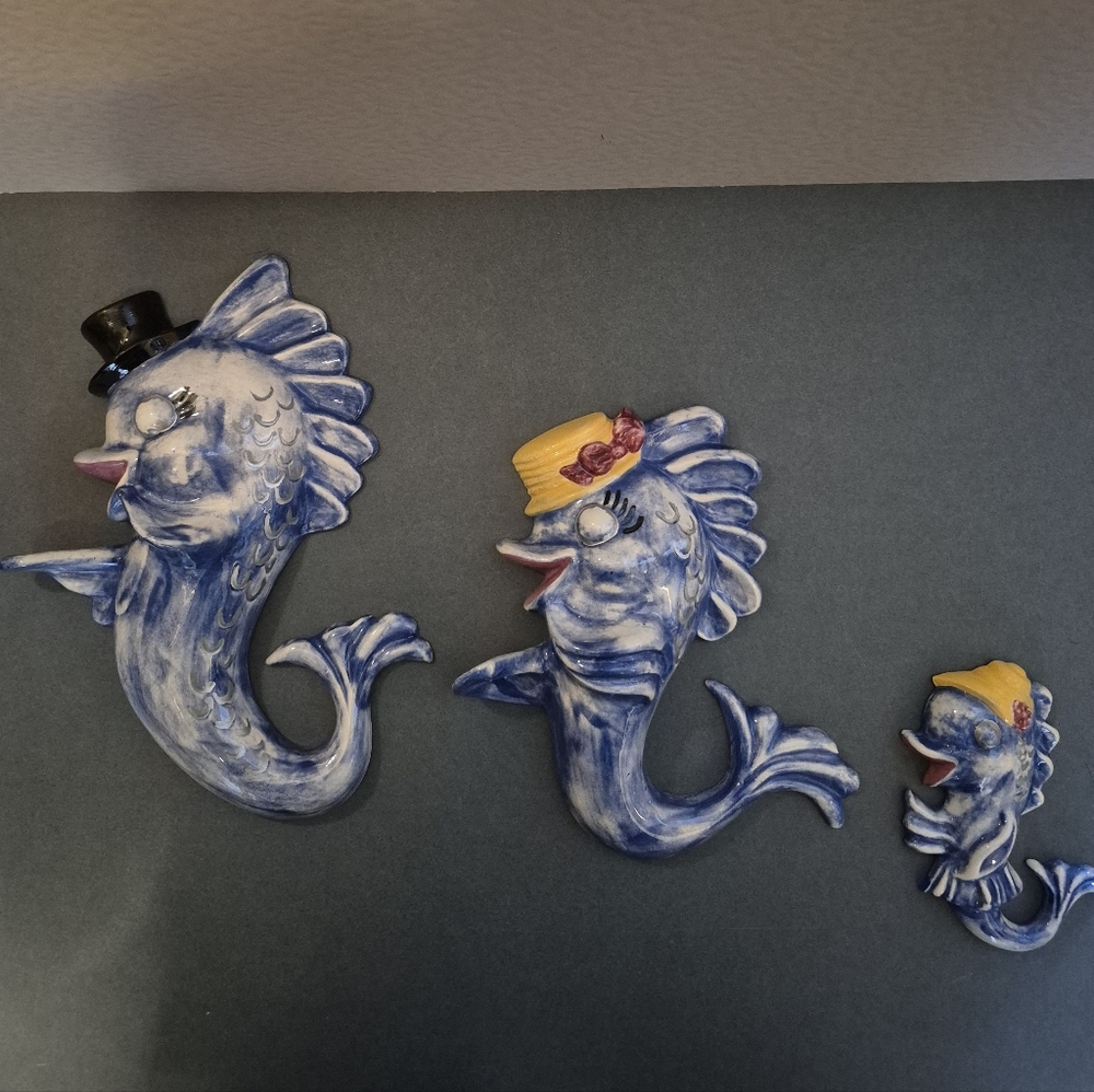Vintage Anthropomorphic Blue Fish Family Wall Decor Set - Ceramic/Chalkware?